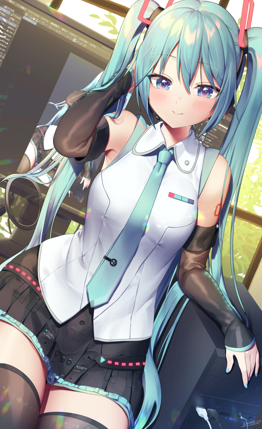 1girl, absurdres, aqua_eyes, aqua_hair, aqua_nails, aqua_necktie, black_legwear, black_skirt