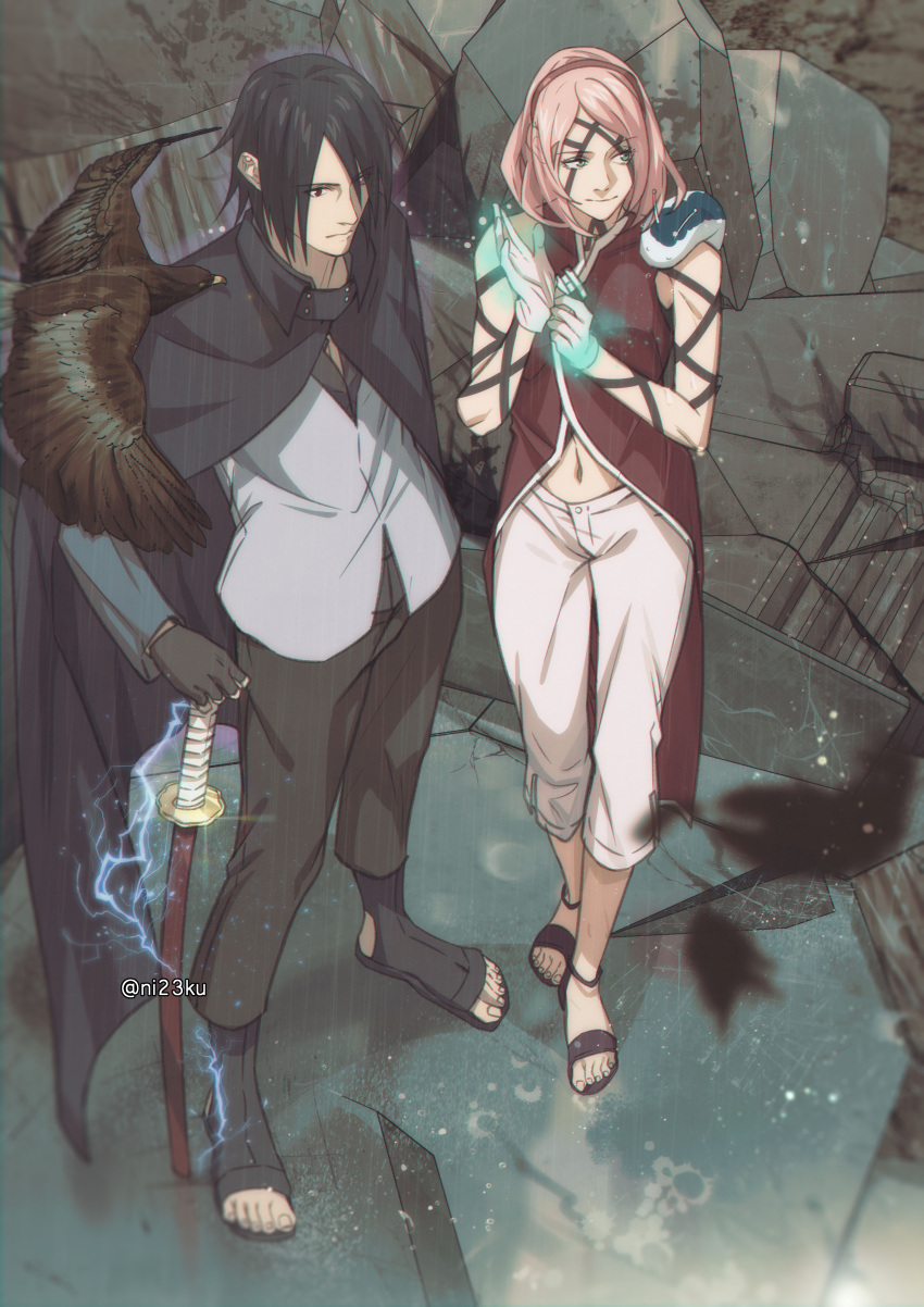 1boy, 1girl, absurdres, adjusting_clothes, adjusting_gloves, bird, black_hair, body_markings