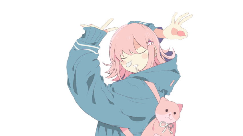 1girl, animal_bag, arms_up, bangs, bini_(xocolatl_501), cat_bag, closd_mouth, closed_eyes, danganronpa_(series), danganronpa_2:_goodbye_despair, eyebrows_visible_through_hair, flipped_hair, from_side, galaga, goodbye_sengen_(vocaloid), green_jacket, hair_ornament, highres, hood, hood_down, hooded_jacket, jacket, long_sleeves, medium_hair, nanami_chiaki, puffy_sleeves, sleeping, sleeves_past_wrists, solo