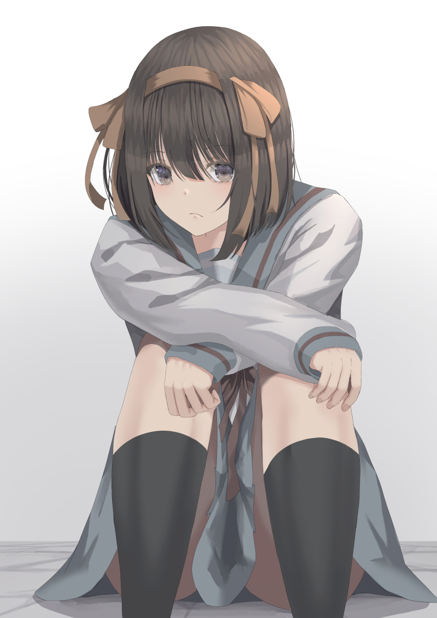 1girl, absurdres, araishi_maro, bangs, black_legwear, blue_sailor_collar, blue_skirt, bob_cut, brown_eyes, brown_hair, closed_mouth, commentary_request, hair_between_eyes, hair_ribbon, hairband, highres, kita_high_school_uniform, kneehighs, long_sleeves, looking_at_viewer, red_ribbon, ribbon, sad, sailor_collar, school_uniform, serafuku, shiny, shiny_hair, short_hair, sitting, skirt, solo, suzumiya_haruhi, suzumiya_haruhi_no_yuuutsu, yellow_hairband, yellow_ribbon