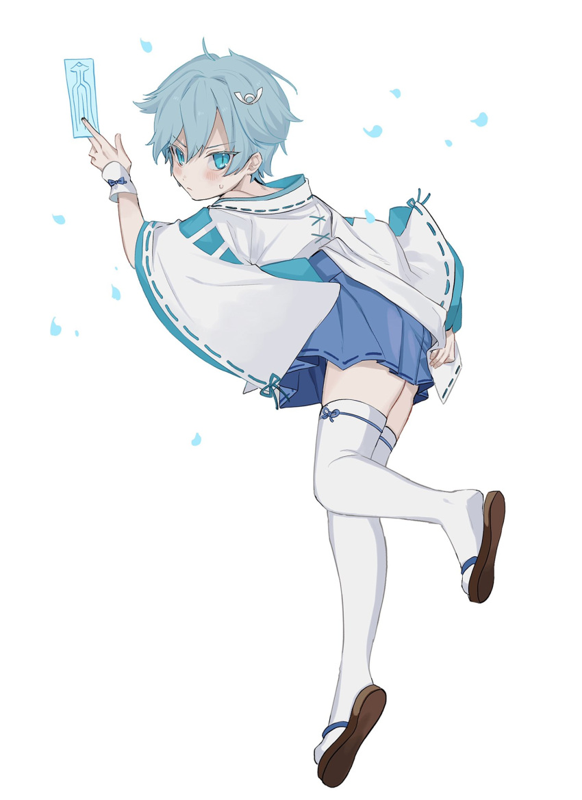 1boy, blue_eyes, blue_hair, blue_skirt, chongyun_(genshin_impact), cosplay_request, crossdressing, full_body, genshin_impact, highres, japanese_clothes, looking_at_viewer, male_focus, nakura_hakuto, sandals, skirt, solo, talisman, thigh-highs, white_background, white_legwear