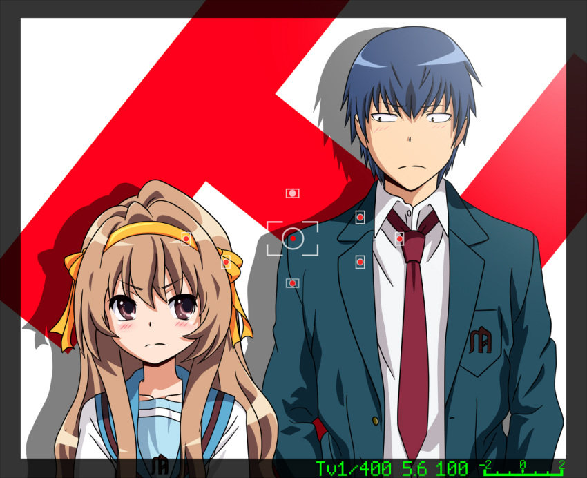 1boy, 1girl, aisaka_taiga, bangs, blue_hair, blue_jacket, blue_sailor_collar, brown_eyes