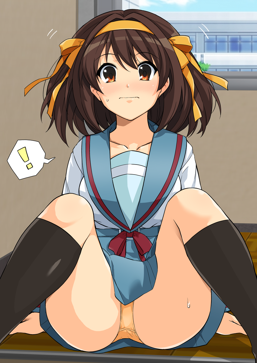 !, 1girl, arm_support, bangs, black_legwear, blue_sailor_collar, blue_skirt, blush