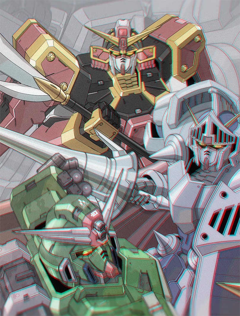 alternate_form, chromatic_aberration, command_gundam, gundam, holding, holding_polearm, holding_weapon, knight_gundam