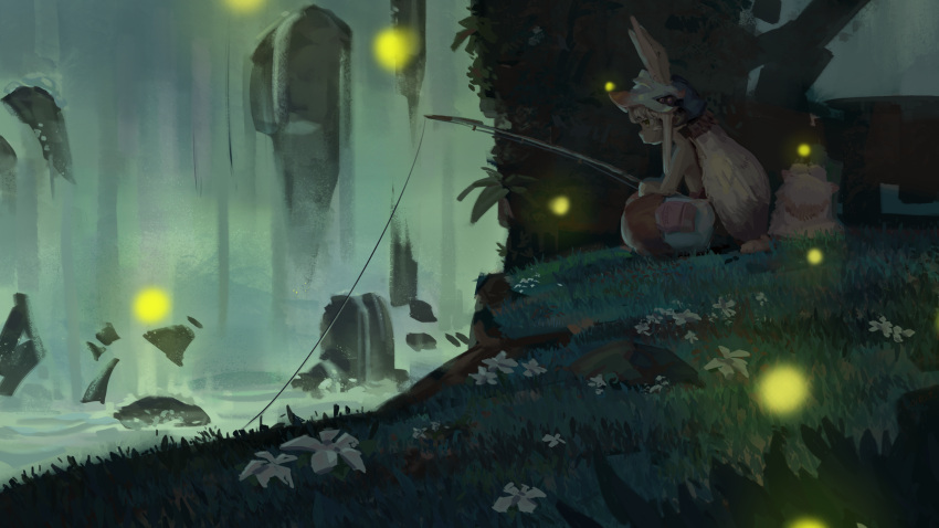 1other, animal_ears, cowltori, dark_skin, fireflies, fishing_rod, flower, grass