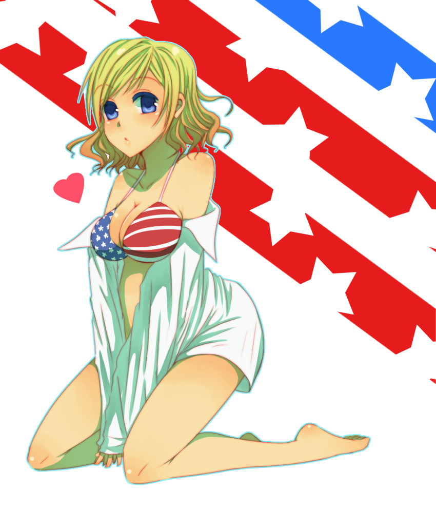 1girl, america, america_(hetalia), axis_powers_hetalia, bikini_top, blonde_hair, blue_eyes, breasts