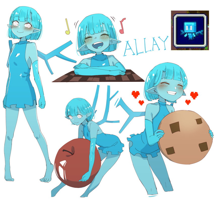 1girl, allay, at2., bangs, blue_hair, blue_skin, blunt_bangs, blush, bright_pupils, character_name, closed_mouth, colored_skin, cookie, eyebrows_visible_through_hair, facing_viewer, food, fruit, grin, heart, highres, holding, holding_cookie, holding_food, holding_fruit, looking_at_viewer, minecraft, multiple_views, musical_note, open_mouth, parted_lips, personification, pointy_ears, short_hair, smile, teeth, upper_teeth, white_eyes, white_pupils