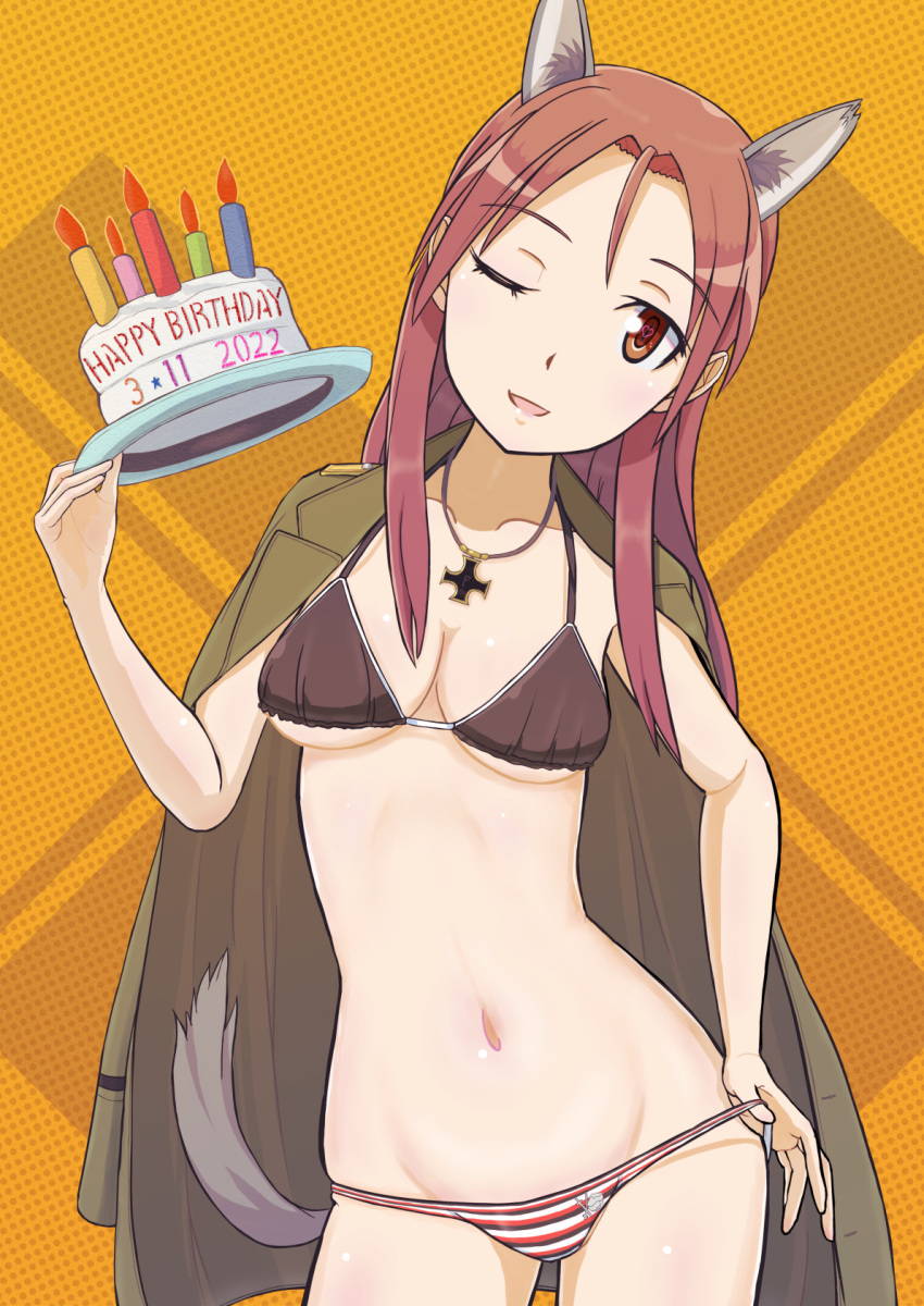 1girl, animal_ears, bikini, birthday, birthday_cake, blush, breasts, cake