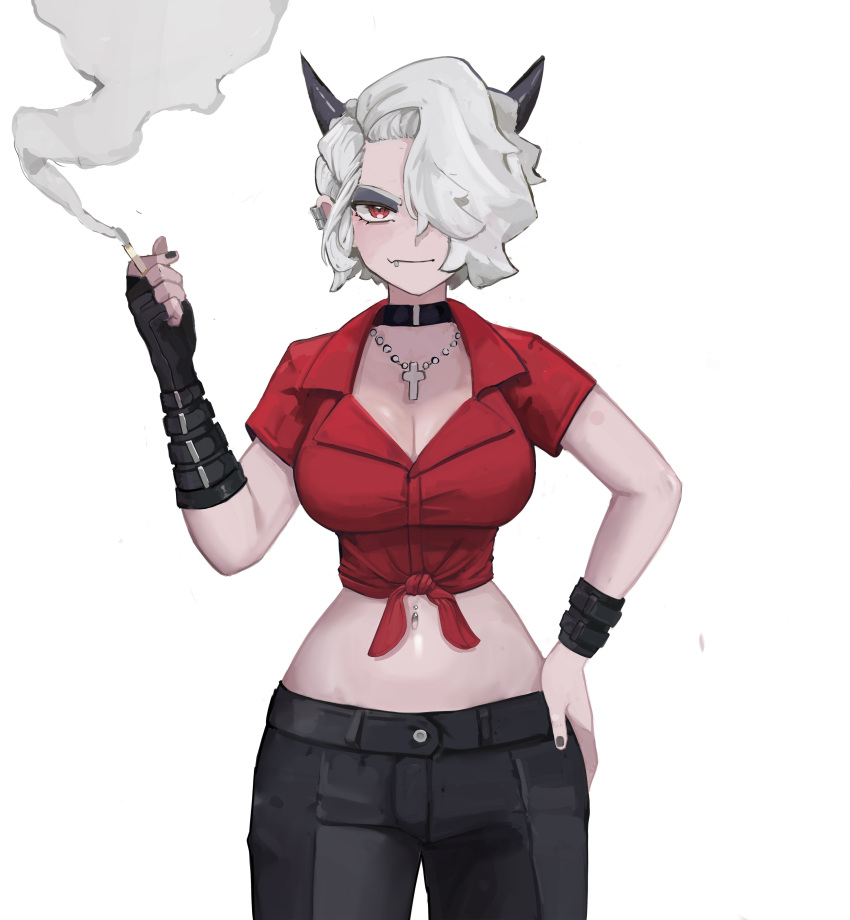 1girl, absurdres, cigarette, cross, demon_girl, demon_horns, ear_piercing, helltaker