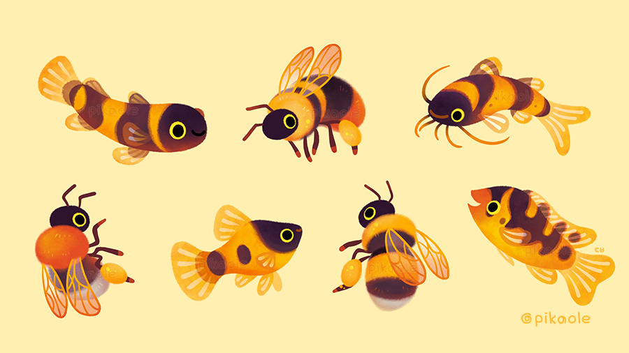 animal, animal_focus, artist_name, bee, bug, catfish, closed_mouth, commentary