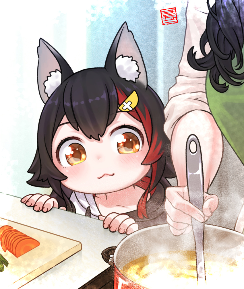 2girls, :3, animal_ear_fluff, animal_ears, black_hair, blush, child, cooking