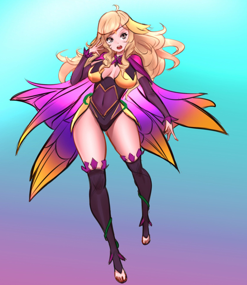 1girl, ahoge, alternate_costume, asymmetrical_bangs, bangs, blonde_hair, bodystocking, breasts, bridal_gauntlets, cape, circlet, fire_emblem, fire_emblem_fates, fire_emblem_heroes, full_body, grey_eyes, highres, jaxdrawz, large_breasts, long_hair, looking_at_viewer, official_alternate_costume, open_mouth, ophelia_(fire_emblem), pantyhose, solo, teeth, upper_teeth