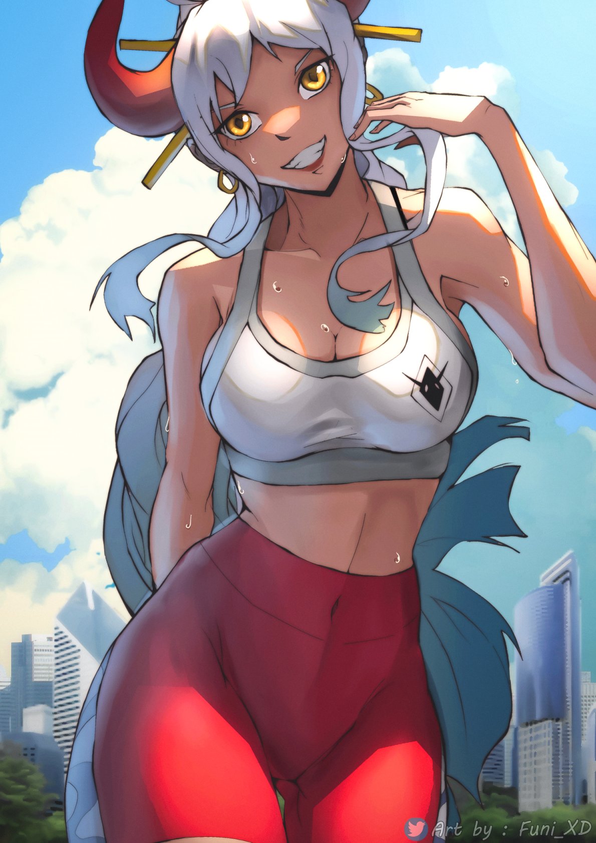 1girl, adapted_costume, alternate_costume, blue_sky, breasts, city, cityscape, clouds, exercise, funi_xd, hair_ornament, hair_stick, highres, horns, long_hair, medium_breasts, modern_architecture, one_piece, red_horns, red_shorts, shorts, sky, smile, tank_top, tied_hair, tree, white_tank_top, yamato_(one_piece)