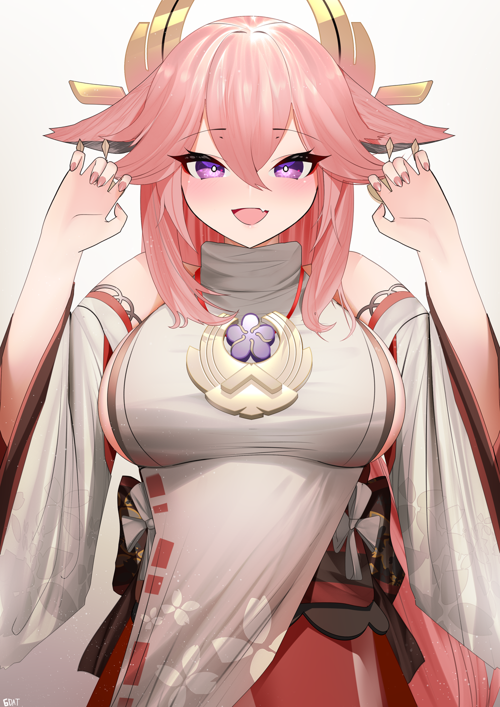 1girl, animal_ears, blush, breasts, claw_pose, ear_piercing, eyebrows_visible_through_hair, fang