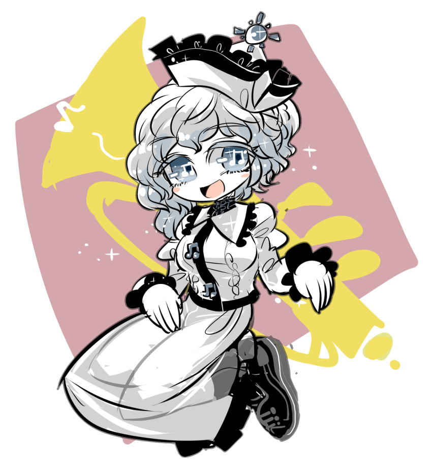 1girl, :d, asymmetrical_hair, black_footwear, blue_eyes, blush_stickers, bright_pupils, collared_shirt