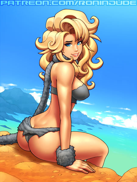 1girl, aqua_eyes, artist_name, ass, ayla_(chrono_trigger), bare_shoulders, blonde_hair, blue_background, blue_sky, breasts, butt_crack, caveman, chrono_trigger, clouds, cloudy_sky, commentary, covered_nipples, day, english_commentary, grin, horizon, lips, long_hair, looking_at_viewer, looking_back, medium_breasts, nose, ocean, outdoors, reward_available, ronindude, sitting, sky, smile, solo, water, web_address
