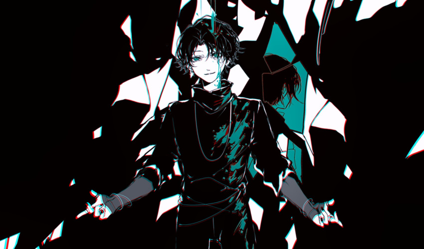 1boy, aqua_eyes, back-to-back, black_hair, black_nails, black_shirt, broken_glass, cyuer11