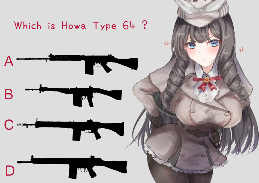 1girl, :t, absurdres, anger_vein, ascot, ass, battle_rifle, beige_coat