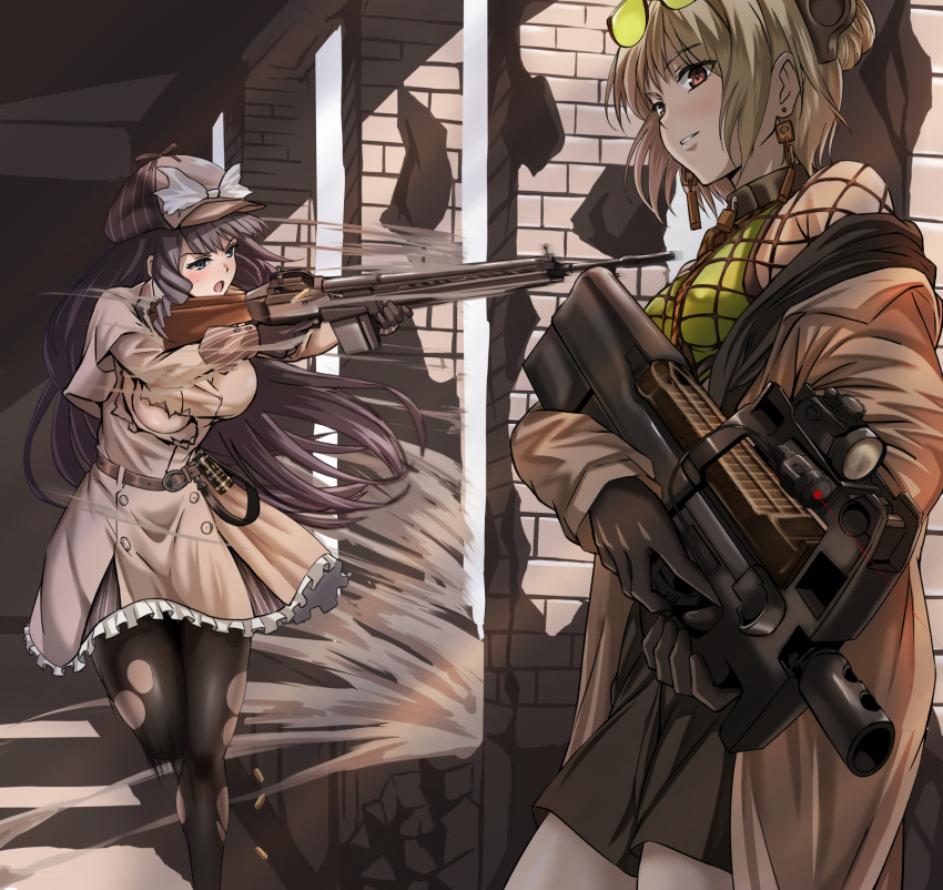 2girls, against_wall, battle_rifle, beige_coat, belt, black_gloves, black_legwear, blonde_hair