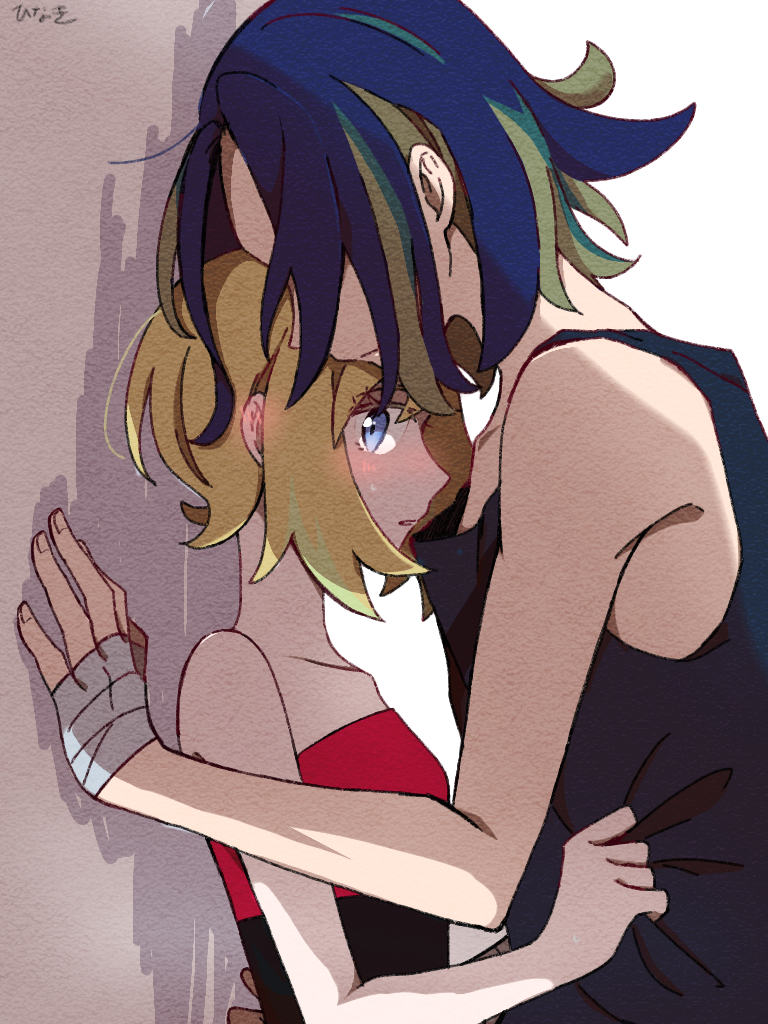 1boy, 1girl, adaman_(pokemon), bangs, bare_arms, black_shirt, blonde_hair, blue_eyes