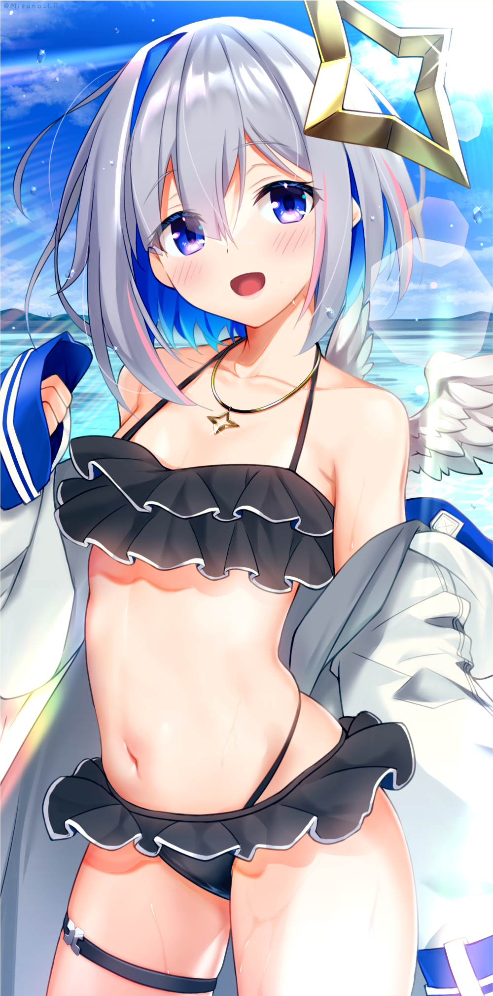 1girl, amane_kanata, angel_wings, bare_shoulders, bikini, black_bikini, blue_eyes, blue_hair