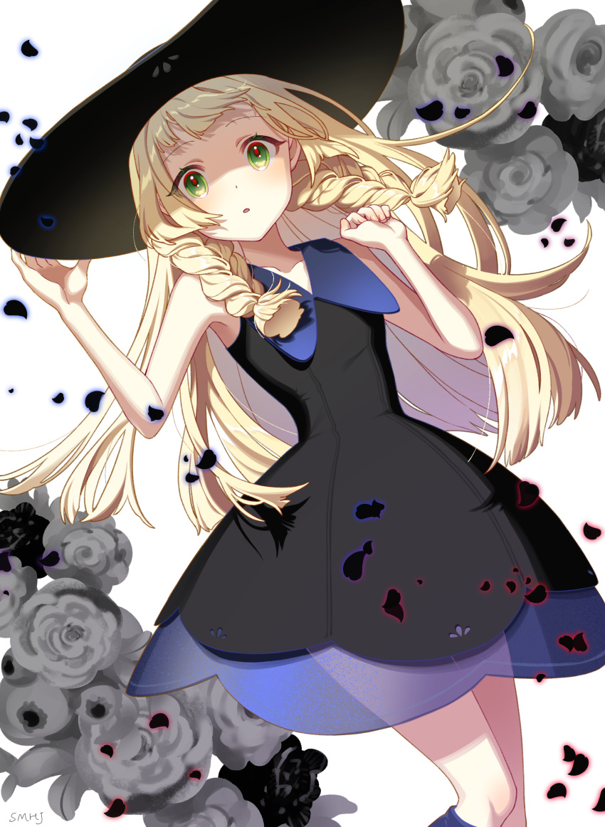 1girl, absurdres, bangs, black_dress, black_headwear, blonde_hair, blush, braid, collared_dress, dress, eyelashes, flower, green_eyes, hand_on_headwear, hands_up, hat, highres, lillie_(pokemon), long_hair, looking_at_viewer, parted_lips, pokemon, pokemon_(game), pokemon_sm, see-through, shi_mohaji, sleeveless, sleeveless_dress, solo, sun_hat, sundress, symbol-only_commentary, twin_braids