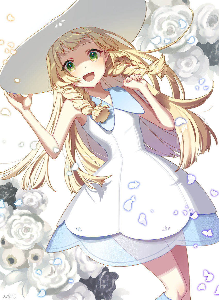 1girl, :d, absurdres, bangs, blonde_hair, braid, collared_dress, dress, eyelashes, flower, green_eyes, hand_on_headwear, hands_up, hat, highres, lillie_(pokemon), long_hair, looking_at_viewer, open_mouth, pokemon, pokemon_(game), pokemon_sm, see-through, shi_mohaji, sleeveless, sleeveless_dress, smile, solo, sun_hat, sundress, symbol-only_commentary, tongue, twin_braids