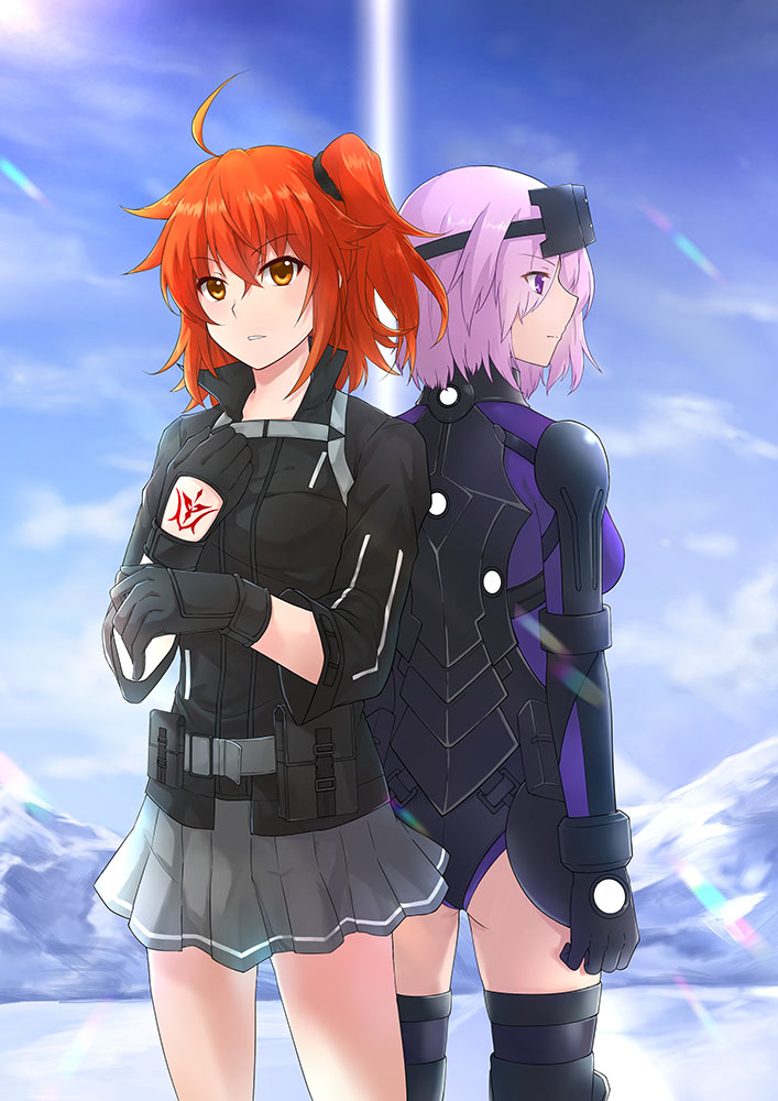2girls, ahoge, armor, armored_leotard, ass, back-to-back, bangs, black_gloves