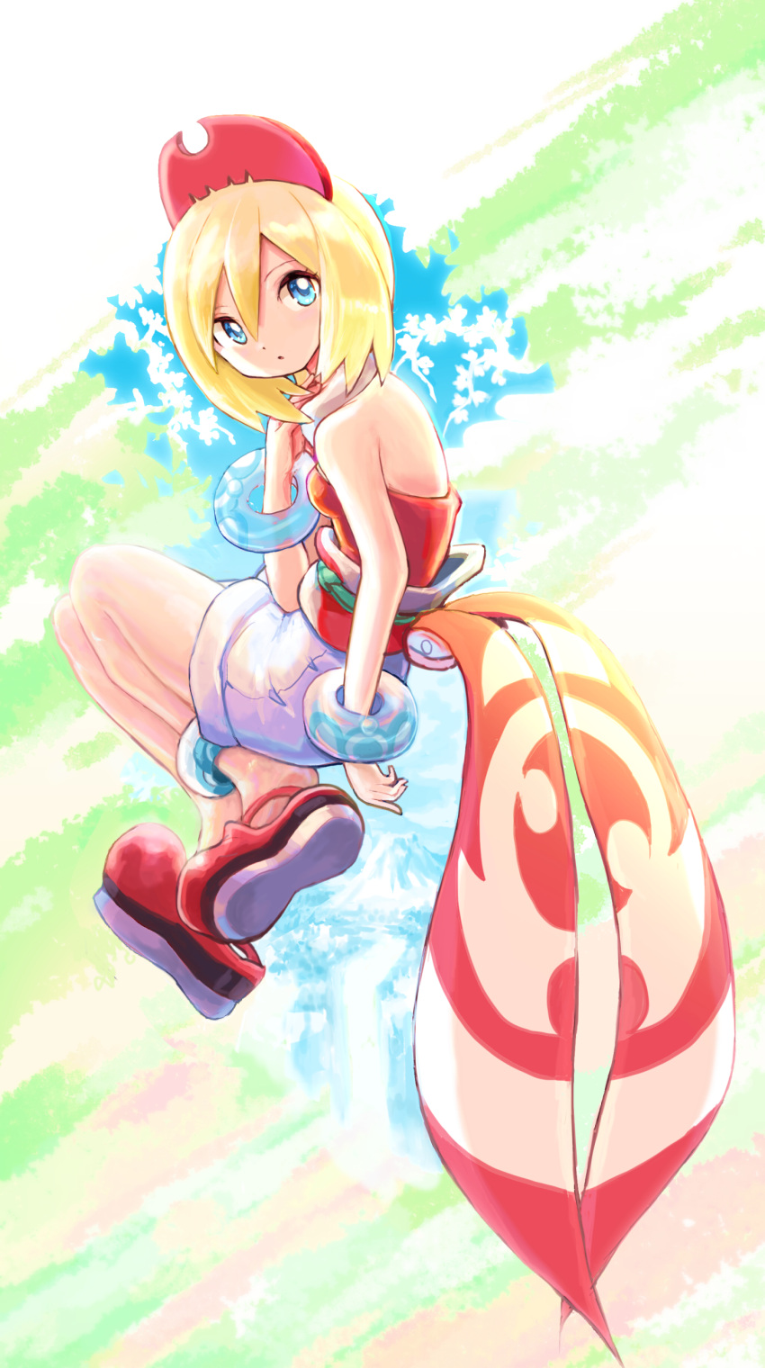1girl, absurdres, anklet, bangs, blonde_hair, blue_eyes, bracelet, closed_mouth