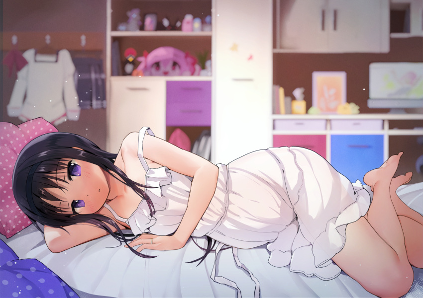 1girl, akemi_homura, anshinmama, bare_shoulders, barefoot, bed, black_hair, blush