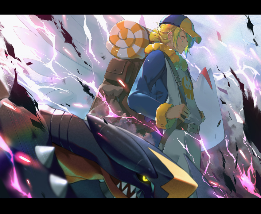 1boy, backpack, bag, belt, blonde_hair, blue_jumpsuit, blurry, brown_bag