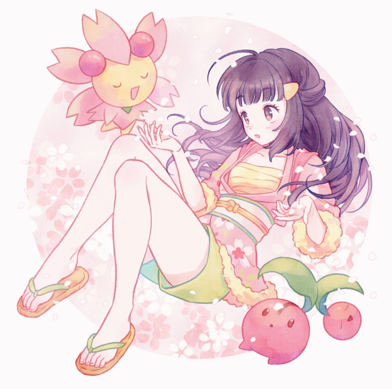 1girl, ahoge, akari_(pokemon), bangs, brown_eyes, cherrim, cherrim_(overcast), cherrim_(sunshine)