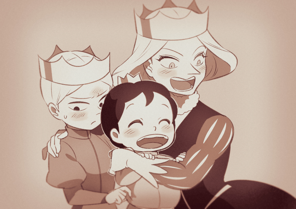 1girl, 2boys, :d, ^_^, bangs, blush, bojji, brothers