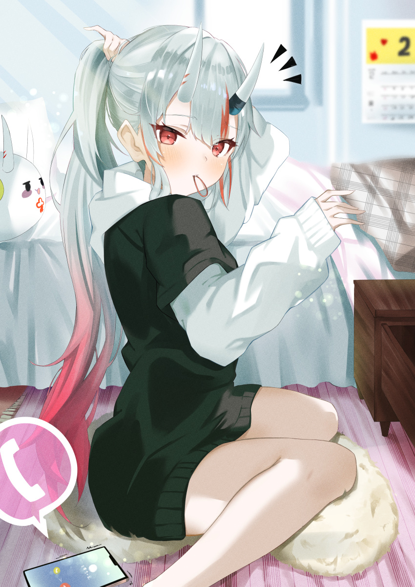 1girl, absurdres, bangs, bed, black_hoodie, blurry, blurry_background, blush