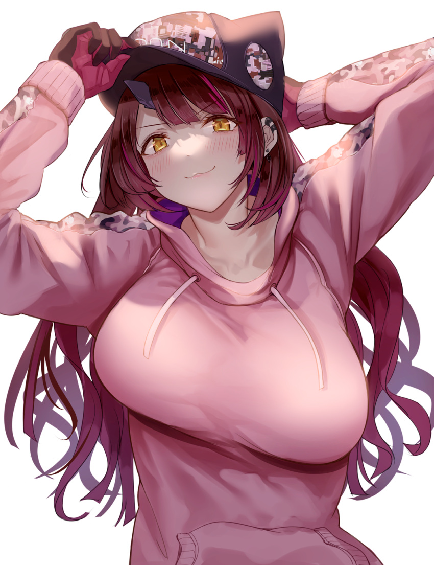 1girl, aonaga_heri, arm_behind_head, arms_up, bangs, baseball_cap, black_headwear, blush