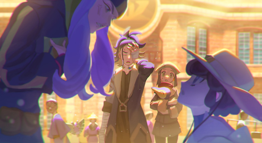 1girl, 3boys, adaman_(pokemon), akari_(pokemon), anger_vein, blurry, brown_bag, building