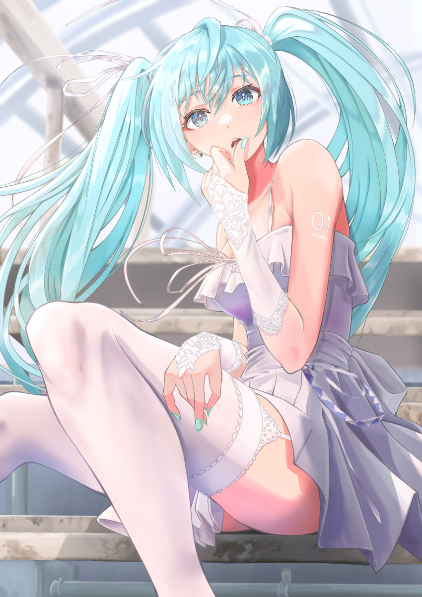 1girl, absurdres, alternate_costume, aqua_nails, ass, back_bow, bare_arms, blue_eyes