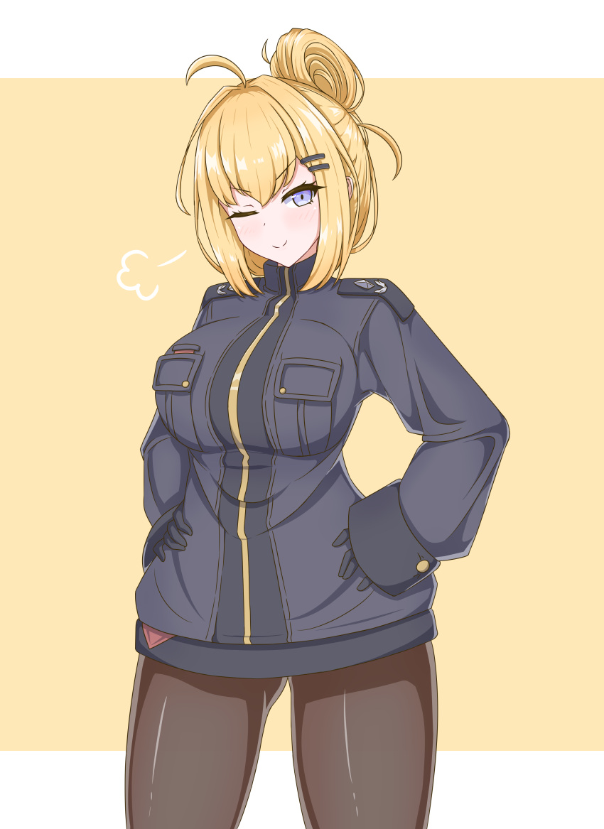 1girl, absurdres, ahoge, black_gloves, blonde_hair, blue_eyes, blush, breasts