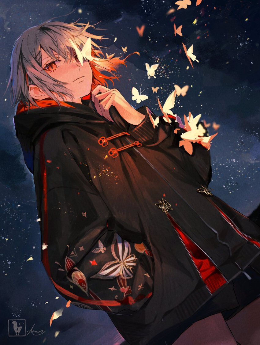 androgynous, animal_print, bangs, black_jacket, black_legwear, black_shorts, bug, butterfly