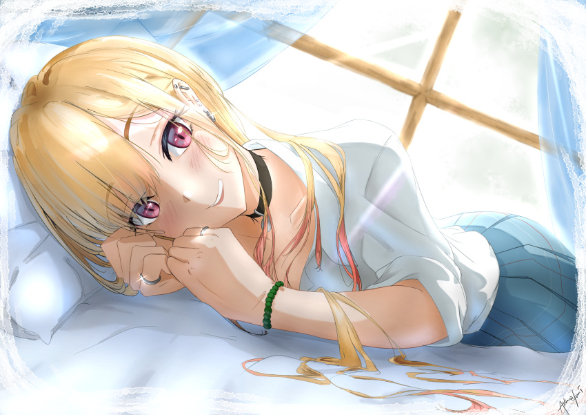 1girl, aikawa_yumi, backlighting, barbell_piercing, bed, black_choker, blonde_hair, blue_skirt, border, bracelet, breasts, choker, collarbone, collared_shirt, commentary_request, curtains, dutch_angle, ear_piercing, eyebrows_visible_through_hair, eyelashes, feet_out_of_frame, gradient_hair, green_bracelet, gyaru, hair_over_shoulder, hands_up, highres, jewelry, kitagawa_marin, lens_flare, light_rays, long_hair, looking_at_viewer, lying, multicolored_hair, on_stomach, parted_lips, piercing, pillow, pink_eyes, pink_hair, pinky_ring, plaid, plaid_skirt, pleated_skirt, ring, school_uniform, shirt, sidelocks, signature, skirt, sleeves_rolled_up, smile, solo, sono_bisque_doll_wa_koi_wo_suru, sunlight, white_border, white_shirt, window