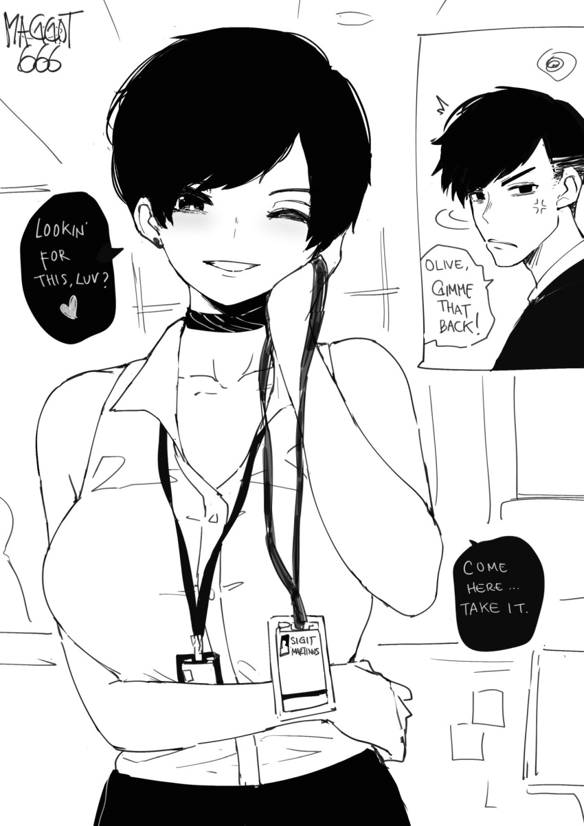 ^^^, anger_vein, angry, artist_name, bare_shoulders, black_hair, breasts, earrings