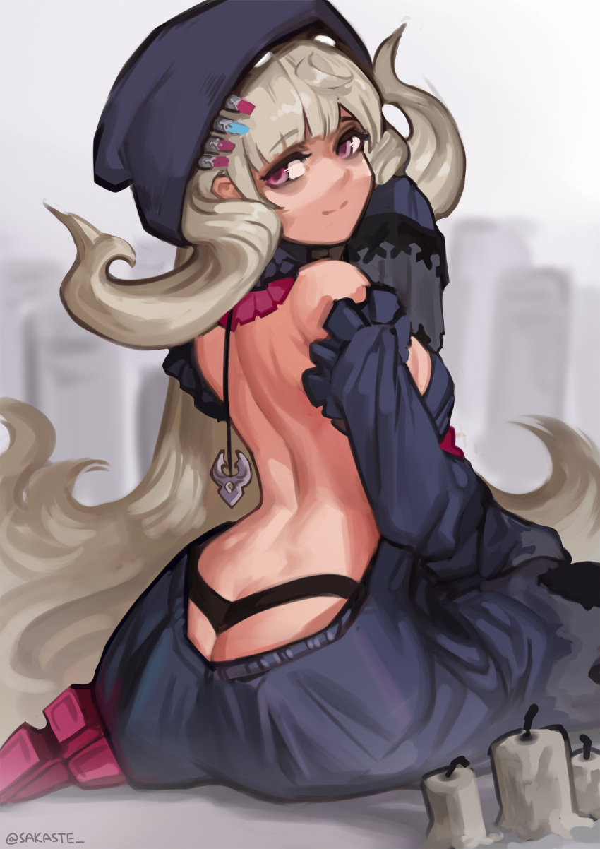 absurdres, back, backless_dress, backless_outfit, bags_under_eyes, bangs, black_dress, black_panties