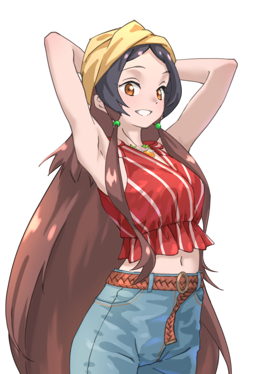 1girl, absurdres, armpits, arms_behind_head, arms_up, belt, black_hair, brown_eyes
