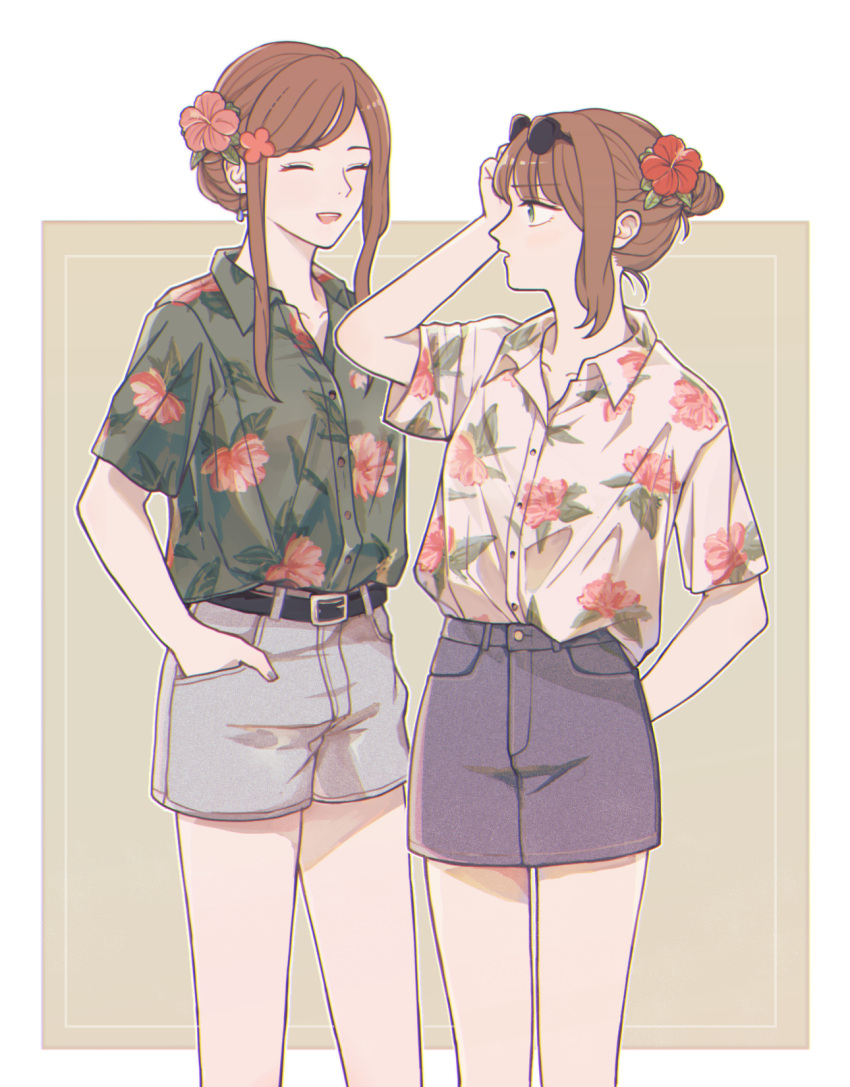 2girls, 5ya_ngi, ^_^, arm_behind_back, axis_powers_hetalia, belt, blue_shorts, brown_hair