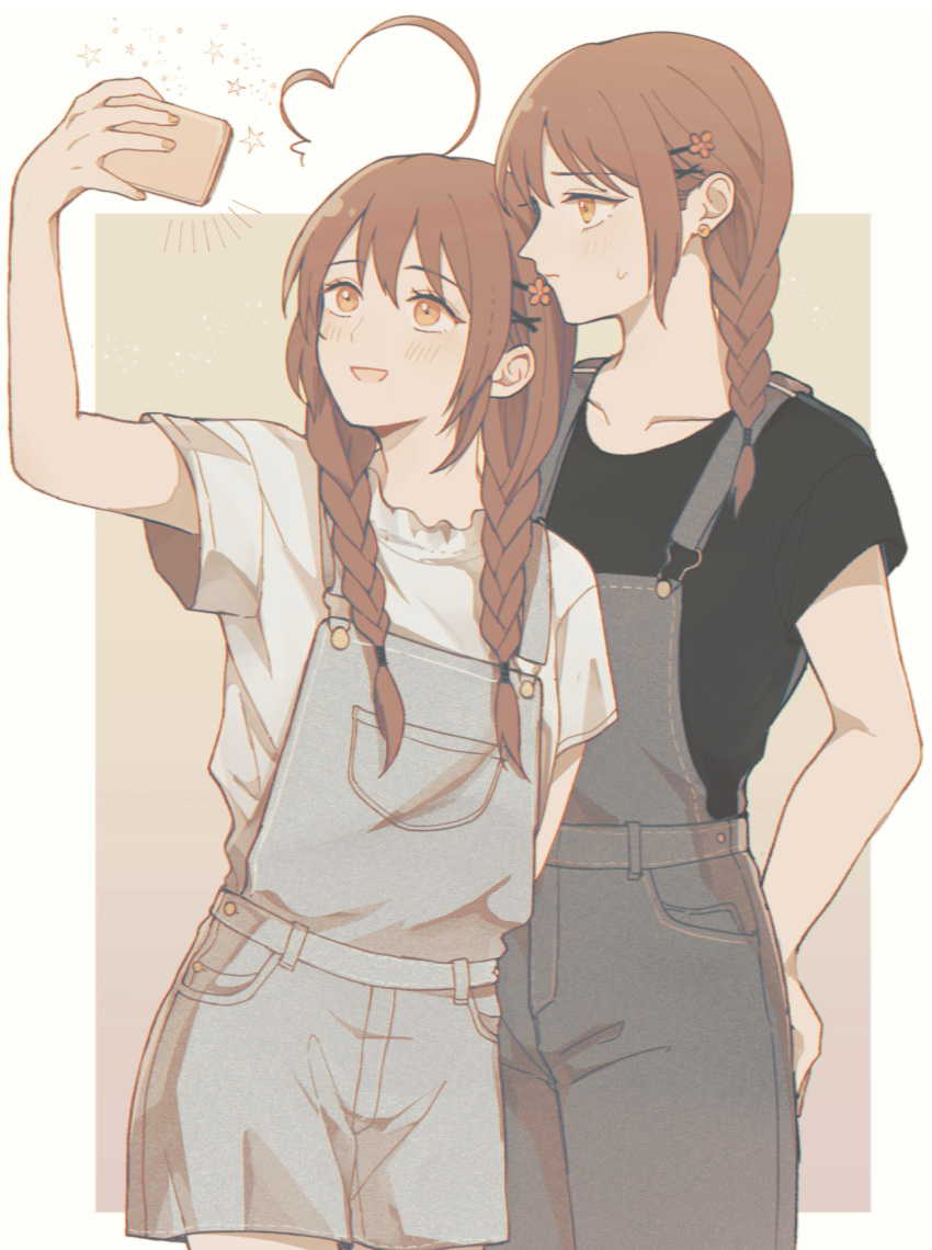 2girls, 5ya_ngi, :d, ahoge, alternate_hairstyle, axis_powers_hetalia, bare_arms, black_shirt