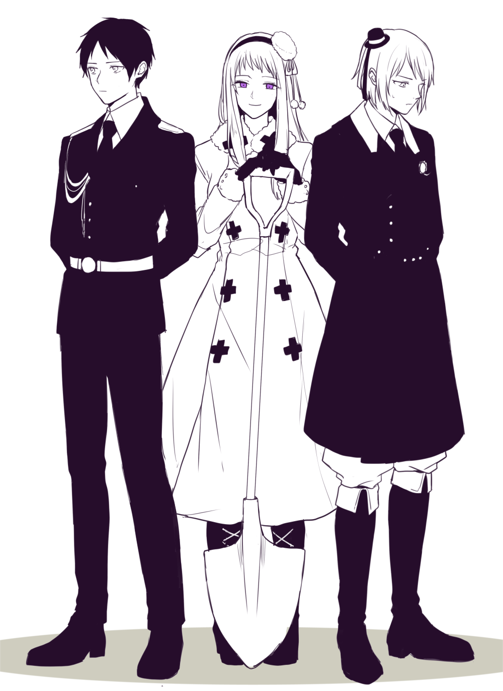 1girl, 2boys, 5ya_ngi, aiguillette, arms_behind_back, axis_powers_hetalia, bangs, belt