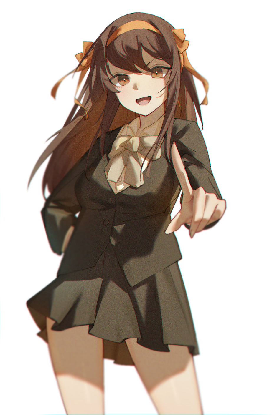1girl, :d, alternate_costume, alternate_hair_length, alternate_hairstyle, bangs, blazer, bow