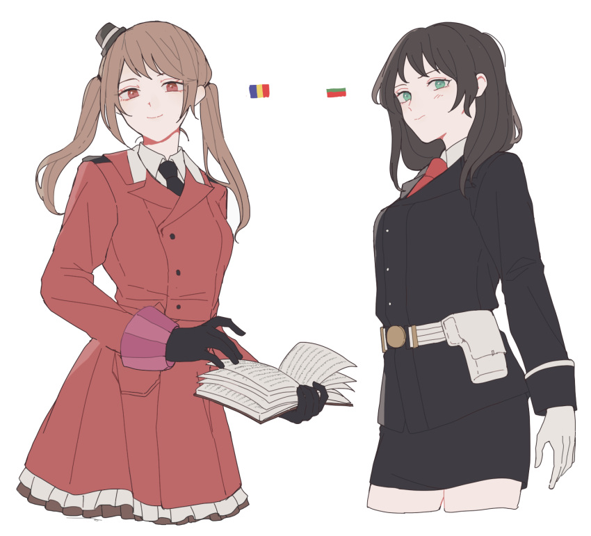 2girls, 5ya_ngi, axis_powers_hetalia, bangs, belt, black_gloves, black_hair, black_headwear