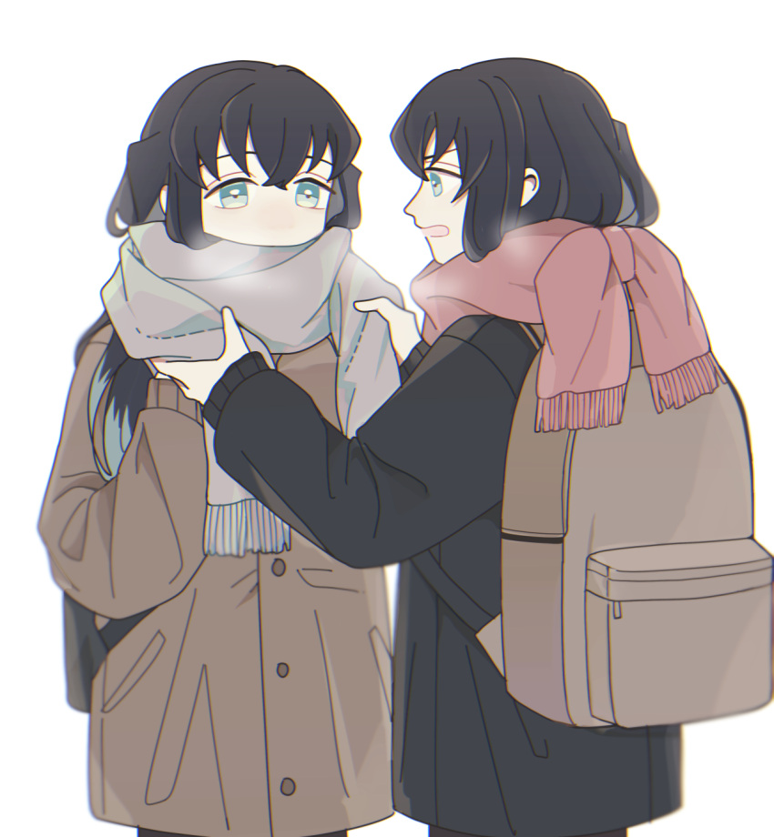 2boys, 5ya_ngi, adjusting_scarf, backpack, bag, bangs, black_coat, black_hair