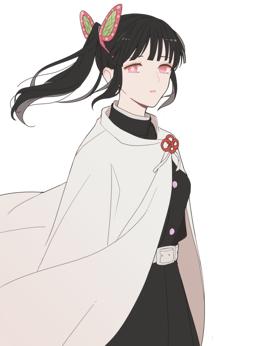 1girl, 5ya_ngi, bangs, belt, black_hair, butterfly_hair_ornament, cape, cowboy_shot